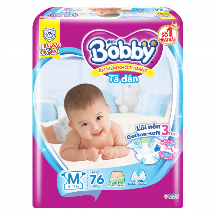 Bỉm - Tã dán Bobby size M 76 miếng (cho bé 6 - 11kg)